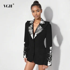 VGH Temperament Printing Slimming Solid Blazers For Women V Neck Long Sleeve Spliced Button Designer Coat Female Fashion Style