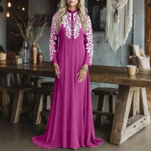 Retro Pattern Print Muslim Robe Dress Women's Fashion O-neck Long Sleeve Loose Party Dress Elegant Hight Waist Draped Long Dress