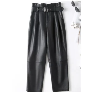 Women's High Waist Matte Sheepskin Leather Pants Ankle Length Trousers with Thin Belt Spring Autumn Fashion Smoke Pipe Style