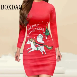 Cute Christmas Woman Dresses Elegant Dress Office Tight Slim Lady O Neck Autumn Winter Casual Cartoon Print Mini Dress Vestidos