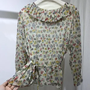 2025 New Women Flower Print Shirt Ruffles Spliced Round Neck Flare Sleeve Casual 100% Silk Blouse