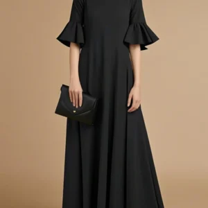 UOOZEE Women's Black Church A-Line Maxi Dress Flared Sleeves Pleated Solid Color Stand Collar Elegant Evening Long Dresses 2025