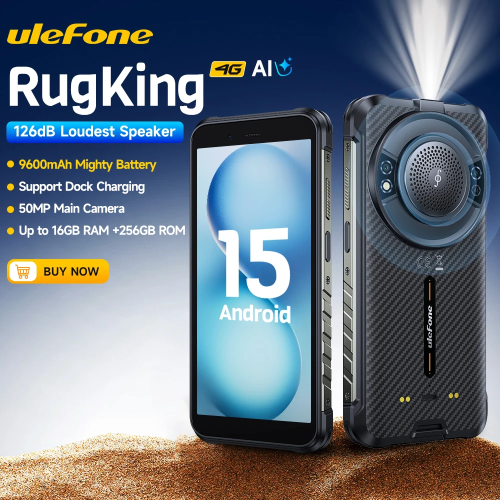 【2025 New】Ulefone RugKing 4G Rugged Smartphone Android 15 Up to 16GB+256GB 9600mAh NFC 50MP Main Cam Loud Speaker Waterproof
