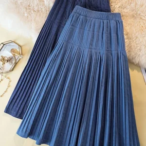plus Size Women's Denim Midi Skirt Slimming A-Line Pleated Maxi Skirt Korean Sle High Waist Casual Wear Summer 2025