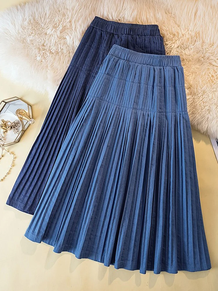 plus Size Women's Denim Midi Skirt Slimming A-Line Pleated Maxi Skirt Korean Sle High Waist Casual Wear Summer 2025