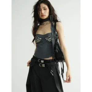 Women Vintage Sexy Smart Style Tank Top Elegant Fritillaria Buckle Decorated 3D Cup Strapless Versatile Tie Vest Spring Summer