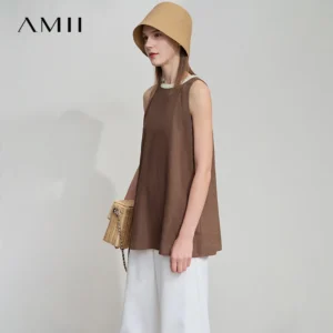 AMII Holiday Summer Vest Women 2025 Round Neck Solid Stitching Textured Ribbon Loose Vests Female Fashion Office Lady 12552045