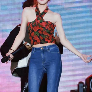 Red rose printed cross-neck lace-up vest 2025 summer slim short pure and stylish off-the-shoulder top