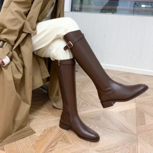 Vintage Women Slim Knee-High Boots Fashion Belt Buckle Shoes Autumn Low Heel Ladies Modern Long Booties