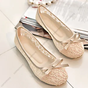 Comemore Ballet Flats Fashion Bow-Knot Women Shoes Slip on Flat Sweet Hollow Summer Female Shoe Beige 2025 New Women Flat Shoes