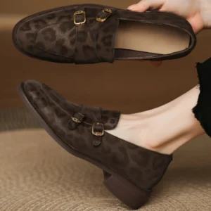 Women's leopard cow leather metal buckle round toe slip-on flats loafers round toe soft comfortable casual female moccasins shoe