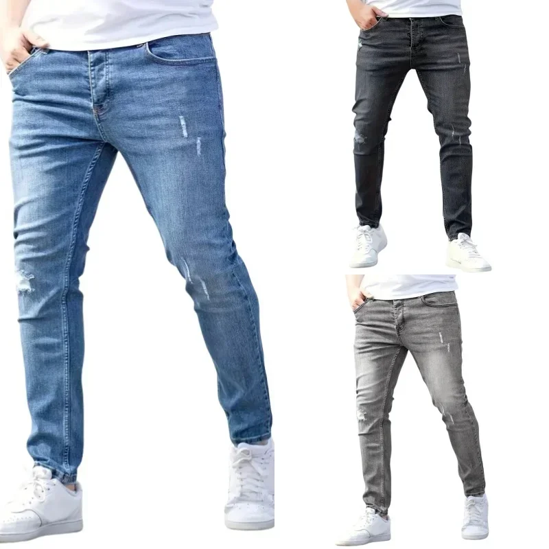 Men's Jeans Stretch Slim Fit Trousers Streetwear Classical Casual Pants Male Skinny Zipper Denim Designer Clothes Black Blue