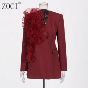 ZOCI Fashion Women's Blazer Niche Splicing Mesh Design Angola Red Female Coats Retro Office Lady Long Sleeved 2025 Spring New
