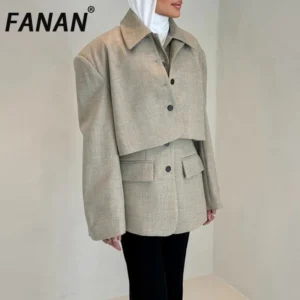 FANAN Temperament 2 Piece Design Blazers For Women Round Neck Single Breasted Vest+lapel Long Sleeve Coats 2025 Autumn New