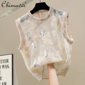 Fashion Heavy Industry Bead Embroidery Flower Decoration Crew Neck Vest Top Summer New Sweet Girl Loose Temperament Loose Tanks