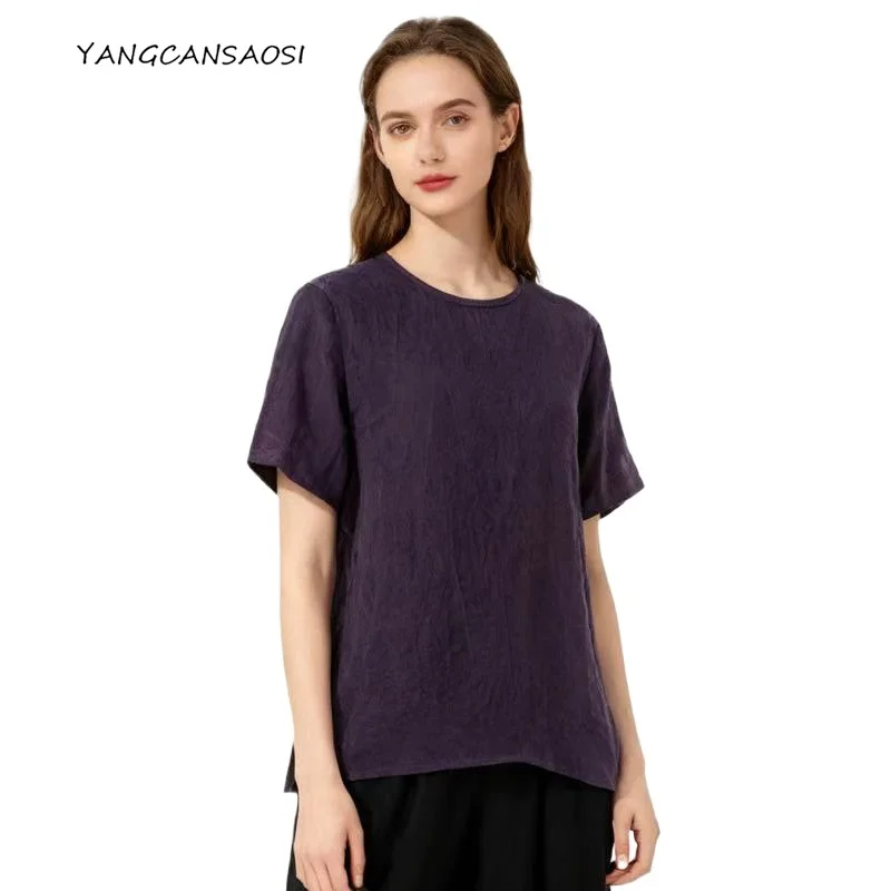 2025 Women's Fashion New 100% Natural Mulberry Silk Gambiered Guangdong Gauze Cotton Turtle Cracked Round Neck Loose T-shirt