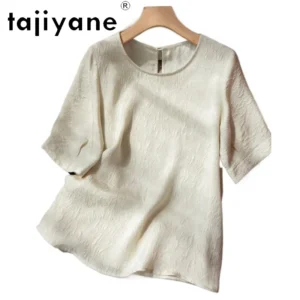 TAJIYANE 100% Natural Mulberry Silk T Shirt Elegant Beige Tops for Woman 2025 Short Sleeve T Shirts Womens Clothes Футболка
