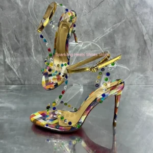 Colorful Crystal Decoration Woman Stiletto Heel Sandals Shoes Diamond Female Thin High Heel Buckle Ankle Strap Sandal Shoes
