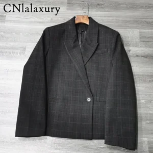 2025 Spring Blazer For Women's Gray Plaid Blazer Office Ladies Classic Plaid Blazer 2026 Single Button Notched Collar Blazers