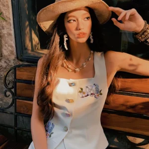 Summer Embroidery Tank Women's Top Vest Spaghetti Strap Knee-Length A-Line Skirt Separately Camisole Y2K 2025 DABUWAWA DM2BVS010