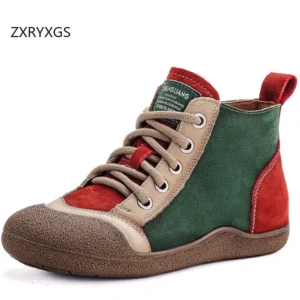 ZXRYXGS 2025 Top Layer Cowhide Spell Colors Splicing Women's Trendy Sneakers Flat Shoes Ankle Boots Fashion Casual Sneakers Tide