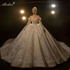 Alonlivn Custom Made Luxury Embroidery Ball Gown Wedding Dresses Delicate Shiny Lace Off Shoulder Full Sleeves Bridal Gowns