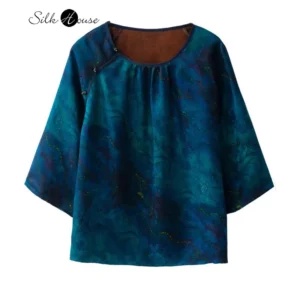 Deep Sea Blue 100% Natural Mulberry Silk HuaLuo Gambiered Guangdong Gauze Three-quarters Sleeve Women's Round Neck Loose T-shirt