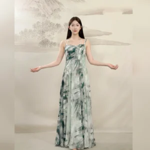 Georgette silk style floor-length strappy evening dress with a flared skirt, featuring a delicate and flowing design