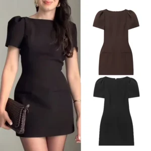 TFMLN Elegant Women Short Sleeve Mini Dress Slim Fit High Waist Short Sleeve Solid Dresses Simple Bodycon Commuter Dress
