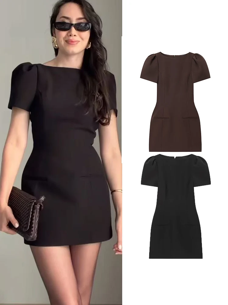 TFMLN Elegant Women Short Sleeve Mini Dress Slim Fit High Waist Short Sleeve Solid Dresses Simple Bodycon Commuter Dress