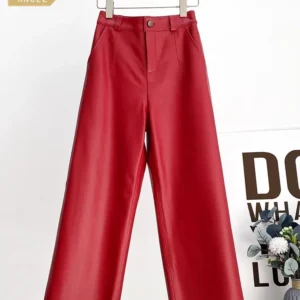 Women Genuine Leather Pants Solid Color High Waist Wide Leg Ankle Length Pants Casual Female Sheepskin Straight Trousers M- 4XL