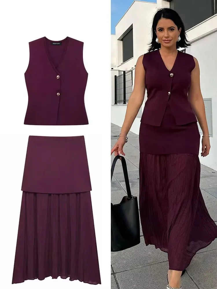 HH 2025 Women Skirt Set Wine Red Knitted V-Neck Sleeveless Slim Vest +Solid High Waist Zipper Patchwork Long Skirt Street
