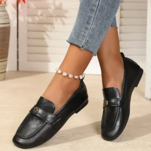 Women's Leather Flat Loafers with Gold-Tone Flower Accessory Round Apron Toe Low Block Heel Comfortable & Office Dress Shoes