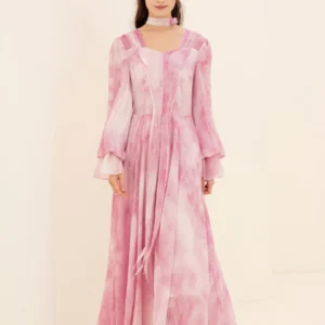 Gao Yitai silk 22 mmi light pink halo white dyed jacquard multi-layer splicing three-dimensional loose-leaf long-sleeved dress