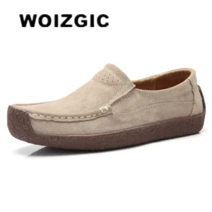 WOIZGIC Gril Female Women's Cow Suede Genuine Leather Shoes Flats Slip On Woman Lady Loafers Slip On Mocasines Mujer AM-526
