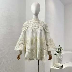 Linen Silk High Quality New Arrivals Hollow Out Long Lantern Sleeve Braid Embroidery Women Vintage Loose Blouse Tops