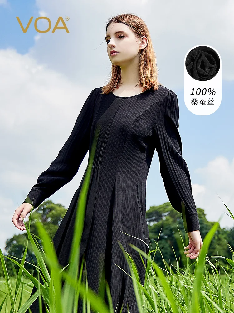 VOA Vioai silk dress 41 mmi unbounded Hepburn black round neck asymmetric tuck pleated pendant long sleeve AE2272