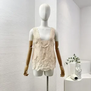 High quality WomenPure Linen 2025 Summer Collection Lotus Pink Yellow Lace Hollow Out Sleeveless All-matching Vest Tops