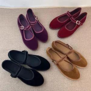 Velvet Mary Jane Shoes for Women Hand Stitch Casual Streetwear Ballet Flats Pumps Female Solid Color Red Cloth Shoes Loafers
