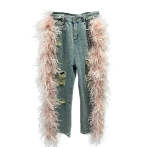 Women's Asymmetric Irregular High Waist Jeans Tassels Streetwear Ostrich Feathers Straight Denim Pants
