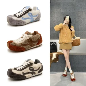 Women's Versatile Forrest Gump Shoes Color Matching Ugly Cute Hairy Lace-up German Training Flat Winter New Casual Sneakers