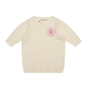 Crew Neck Knitted T-shirt with Daisy Embroidery Logo, Short-sleeved Mohair and Wool Blend, Gradient Color, Goddess Style