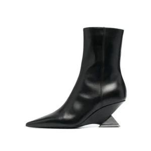 2023New Women Wedge High Heel Short Boots Fashion Pointed Side Zipper Sexy Triangle Shaped Heel Stretch Soft Leather Ankle Boots