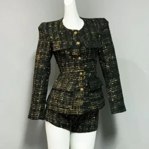 Women Clothing Autumn French High end Single breasted Waist Cinched Slim Tweed Coat Shorts Set Two Piece Sets Women Outfits