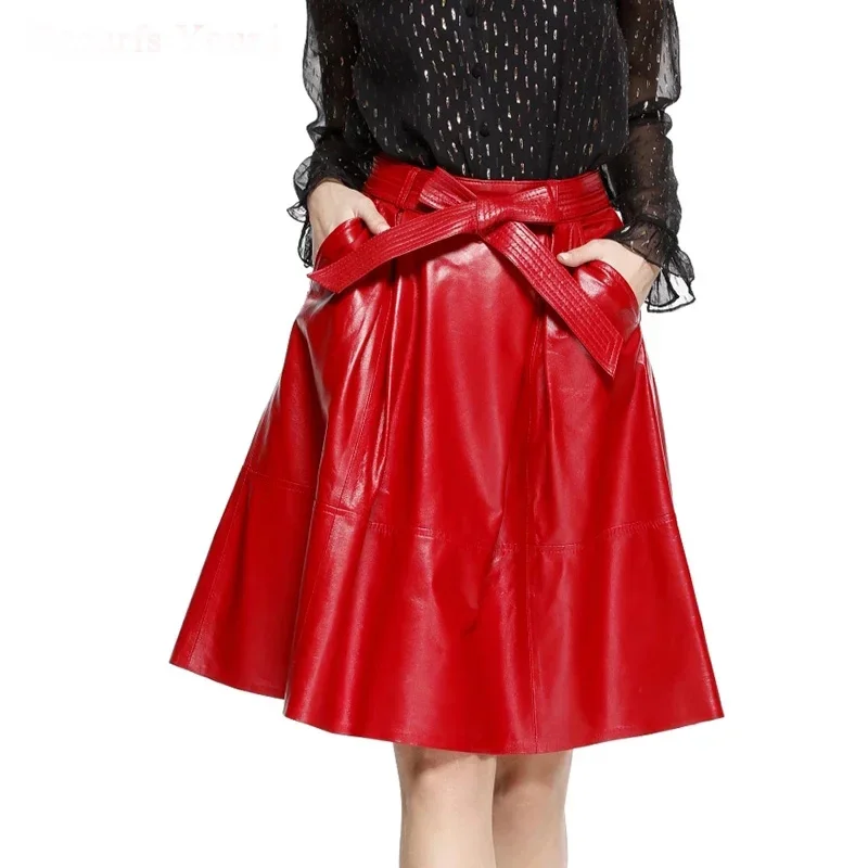 2024 Spring Female Genuie Leather Midi Skirt Lady Street Saia Bow Belt Retro Vase Big Red/Blue Faldas Girls Pleated Jupe Faldas