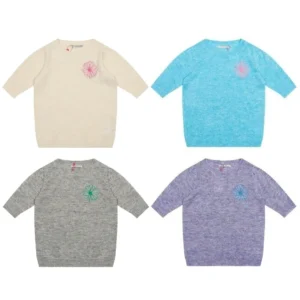 Knitted T-shirt, Round Neck, Daisy Embroidered Logo, Short-sleeved Mohair and Wool Blend, Gradient Color, Goddess Style