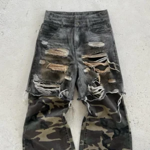 High street retro hip hop camouflage perforated design rock men loose wide leg pants Y2K Harajuku Gothic American trendy jeans