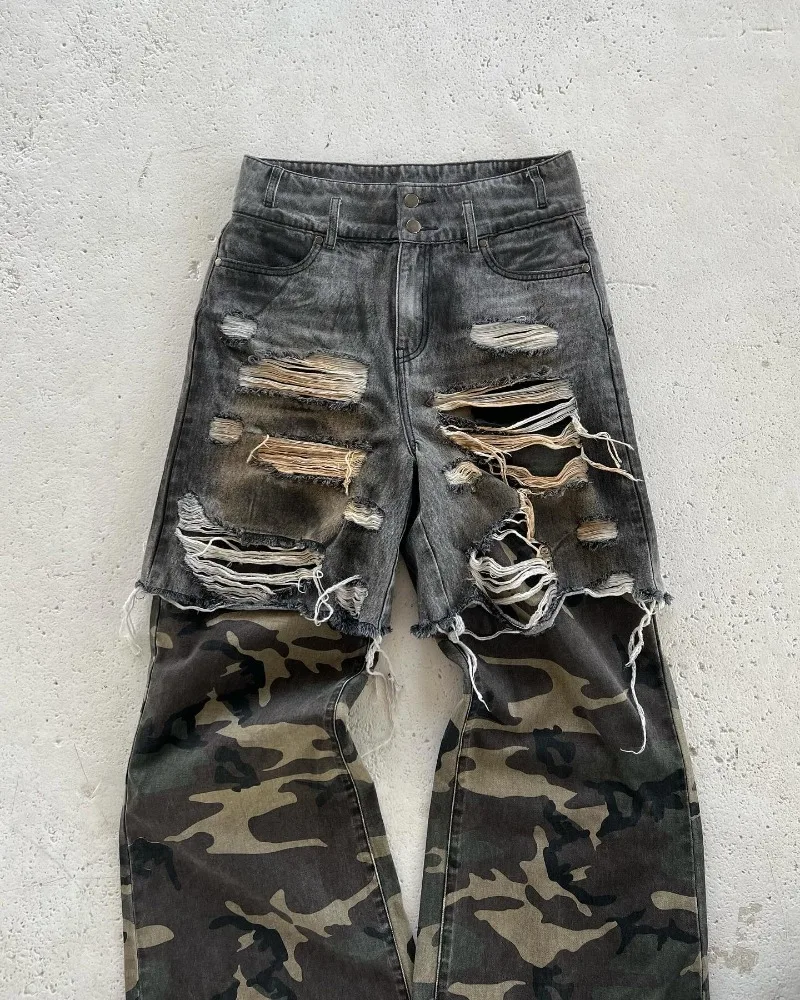High street retro hip hop camouflage perforated design rock men loose wide leg pants Y2K Harajuku Gothic American trendy jeans