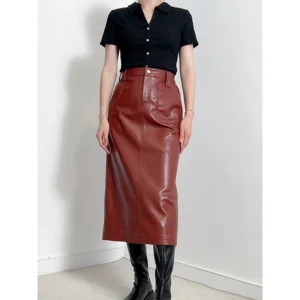 Genuine Leather Long Skirt Autumn Women Sheepskin Elastic Waist Pocket Split Simple Versatile Slim Olive Green/Burgundy Skirts