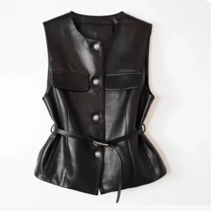 Leather Vest Women Female Vintage Round Neck Waist Slim Waistcoat Mujer Chic Back Zipper Belt Sleeveless Gilet Donna